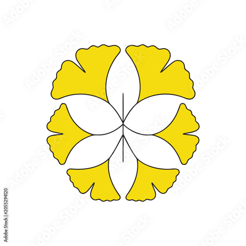 Ginkgo biloba leaf pattern, yellow flower shape, symmetrical design, nature inspired floral motif.