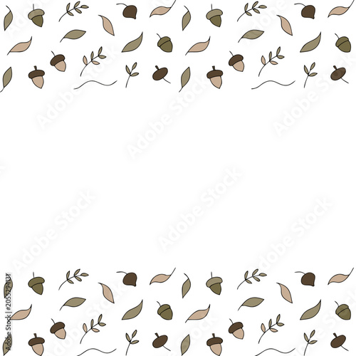 Autumn forest pattern with acorns and dried leaves border decoration on white background hand drawn woodland botanical vector illustration.
