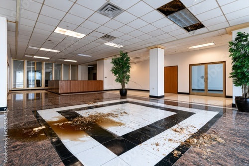 Unmaintained office space with water damage and debris in modern indoor environment for renovation projects