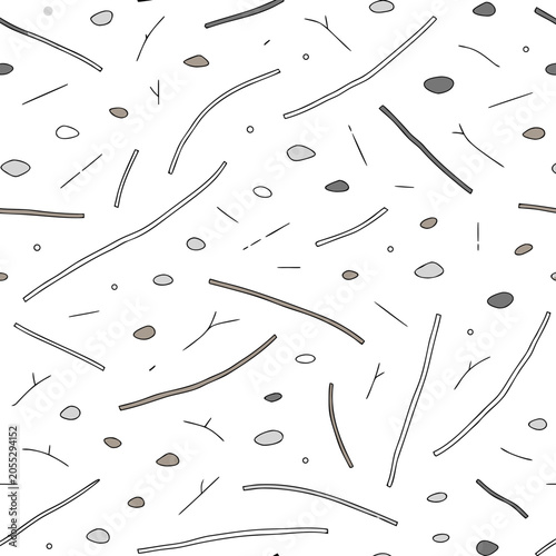 Minimalist forest ground seamless pattern with wooden sticks twigs and small pebbles on white background simple organic vector design.