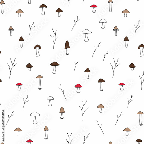 Mushroom forest seamless pattern with red and brown toadstools and tiny twigs on white background cute woodland vector illustration.