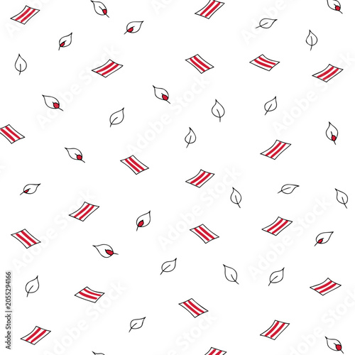 Graphic seamless pattern with striped red beach towels and small leaves on white background summer vacation travel vector illustration.