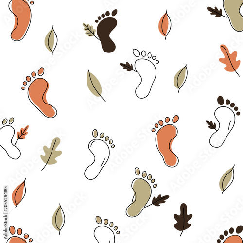 Playful seamless background pattern with cute baby footprints and autumn leaves in earthy tones for kids textile surface design decor.