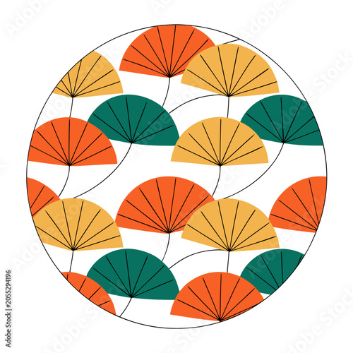 Artistic round composition featuring decorative ginkgo leaves in vibrant orange yellow and deep green colors for modern home decor.