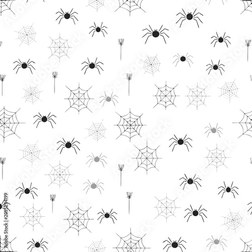 Minimalist monochrome spider and web seamless pattern for halloween party decor wrapping paper textile prints and graphic background.