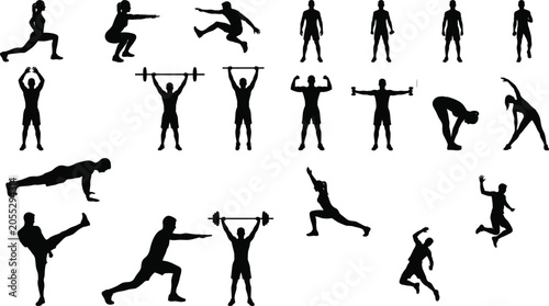 Cuadro en lienzo Set of gym workout and fitness silhouettes featuring weightlifting, bodybuilding