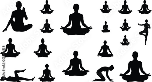 Quadro em tela Set of yoga and meditation silhouettes featuring various exercise poses for heal
