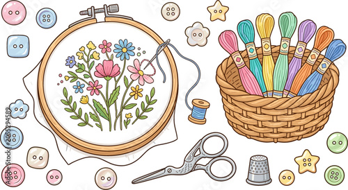 Fotografía Handicraft and Sewing Embroidery Hoop Kit Vector Sticker Set with Floral Stitchi