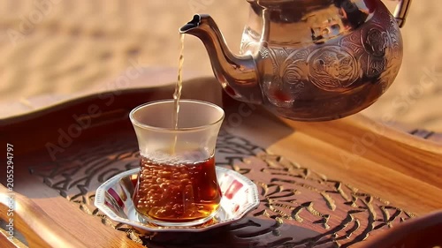 Elegant glass teacup and ornate teapot resting on a carved wooden tray under a sunlit desert backdrop