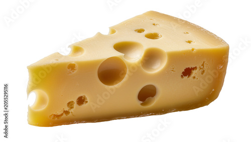 Slika na platnu Isolated appetizing yellow Swiss cheese wedge with many characteristic holes and