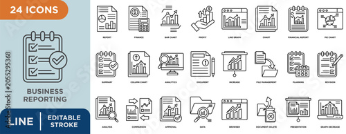 Business reporting line icon set with editable stroke for profit, chart, financial report, pie chart, analysis, and summary