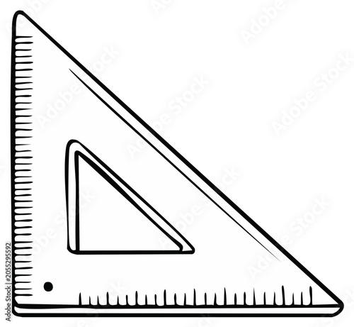 Hand-drawn equilateral triangle ruler with measuring marks and a cut-out triangle