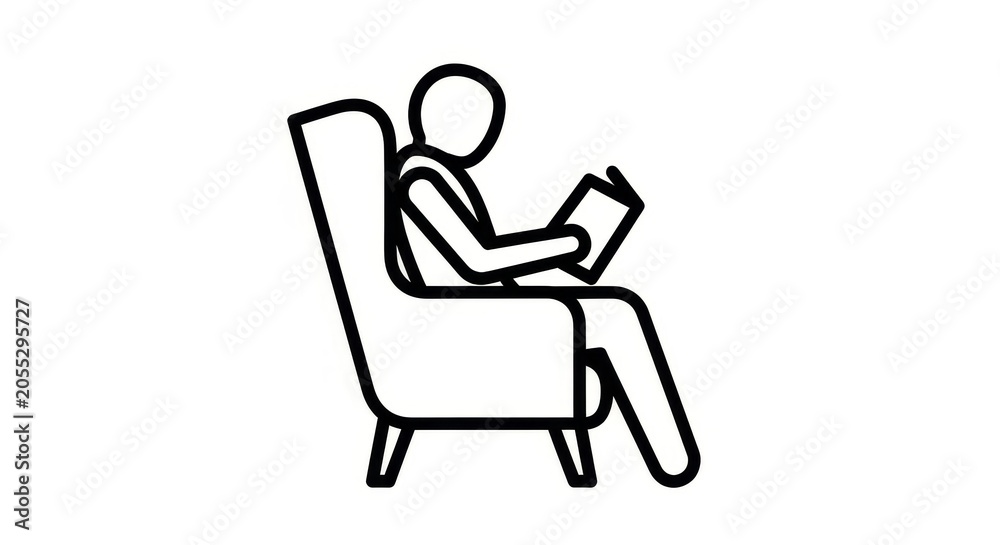 Fototapeta premium Leisure - Stick Figure Person Sitting in Armchair Reading a Book Relaxing at Home Icon Illustration
