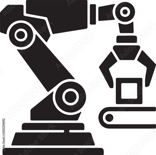 Mechanical arm grabbing object production process icon automation smart manufacturing factory equipment vector imagery concept.