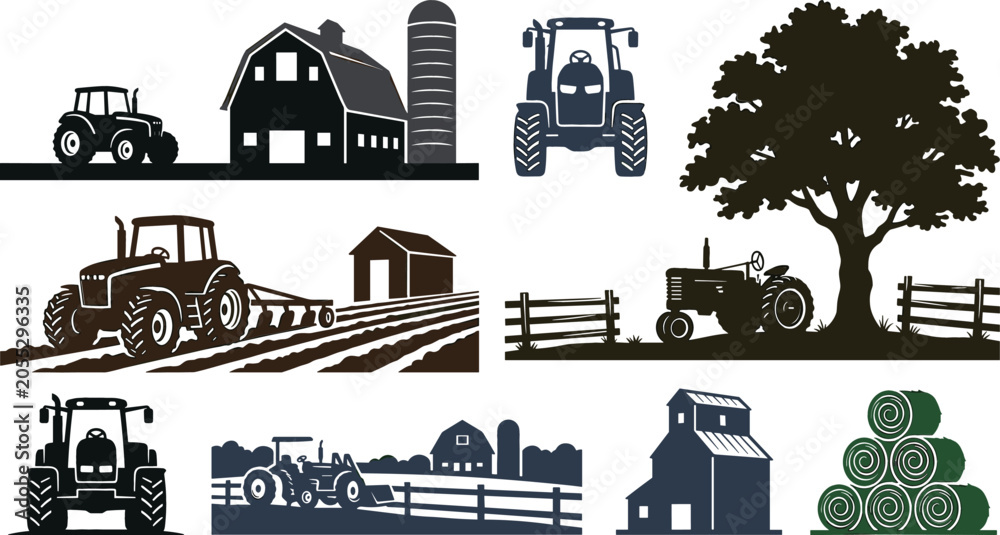 Obraz premium Farm life silhouette collection with agricultural vehicles tractor machinery rustic barn elements hay bales landscape and countryside scenery vector