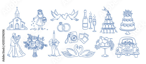 Wedding line art illustrations set. Hand drawn vector collection for wedding prints and designs
