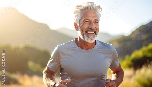 Smiling Active Senior Man Jogging on Sunny Mountain Trail
