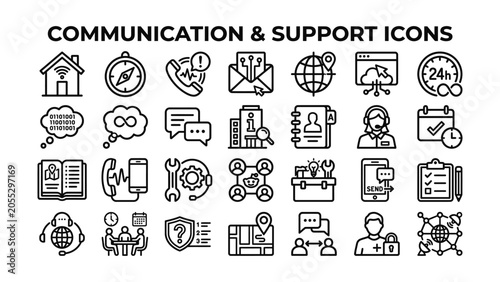 Communication and support icons set for customer service and business technology solutions online  various symbols and signs