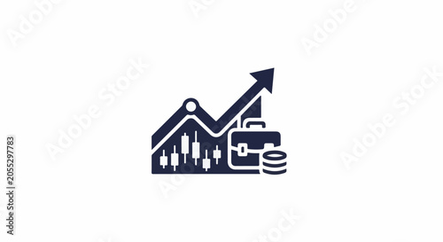 A dark blue icon depicts a rising graph, briefcase, and coins, symbolizing business growth and finance
