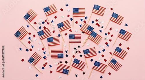 Independence day usa celebration american flags and stars on pink background