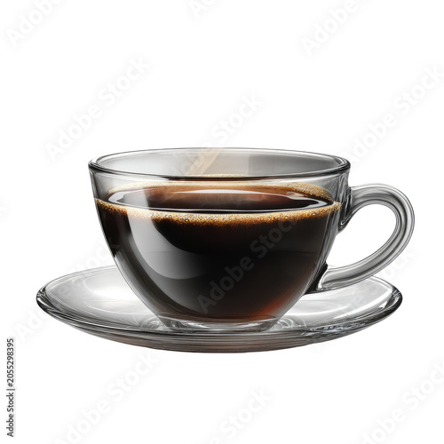 A close-up view of a full glass teacup filled with dark coffee, sitting on a transparent saucer against a black backdrop