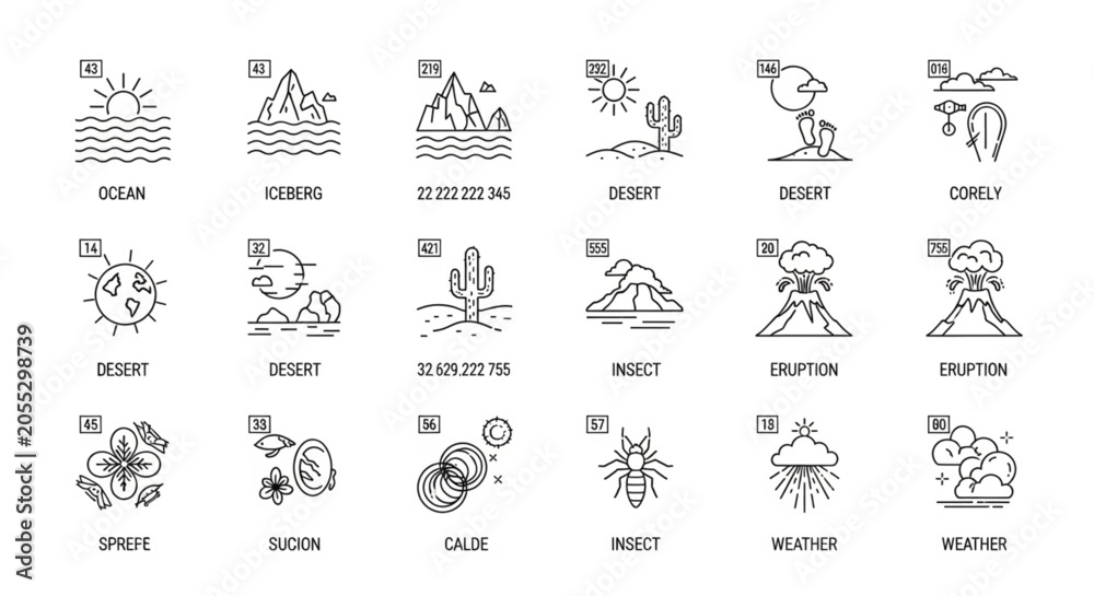 Obraz premium Minimalist natural biomes line icon set with geography landscape weather phenomenon and desert symbols vector