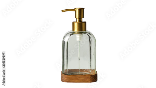 Clear glass dispenser with gold pump and wooden base, against a black backdrop, perfect for liquid soap or lotion