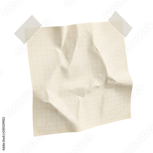 Crumpled grid paper sheet with tape on transparent background