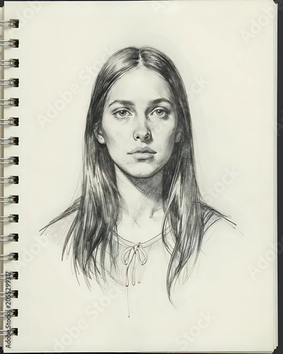 dessin d'un portrait de face d'une jeune femme