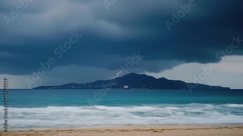 Dramatic storm over a turquoise coastline with a jagged lightning strike near the distant island