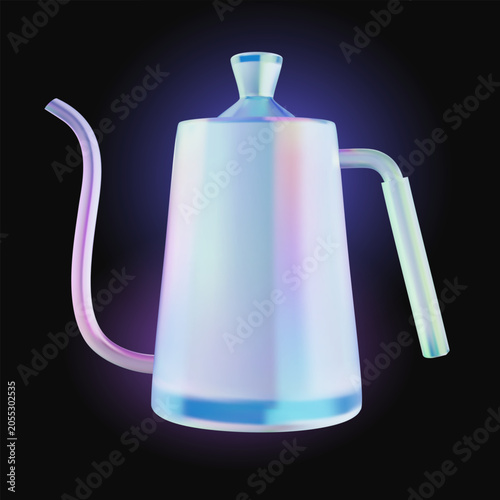 Slika na platnu Holographic 3D vector icon of pour-over gooseneck kettle, iridescent pearlescent drip coffee pot isolated on black background