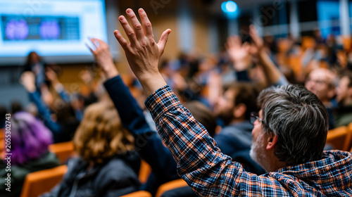 Philosopher of mind and neuroscientist co-presenting consciousness research to a packed lecture theater audience, slide showing neural correlate diagrams, audience members raising hands in vigorous 