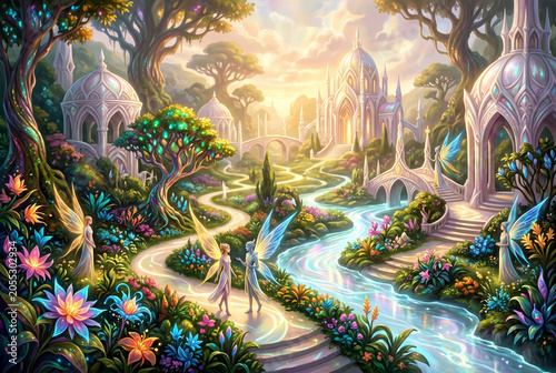 Celestial Fantasy Landscape with Glowing Rivers and Bioluminescent Flora
