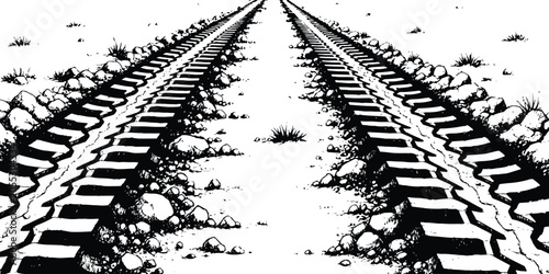 Obraz na plátně Black and white perspective drawing of train tracks receding into the distance across a barren landscape vector illustration