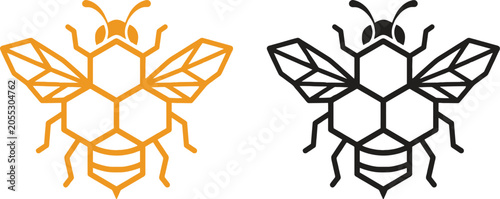 Geometric bee icon set with honeycomb body and wing shapes in orange and black line art style