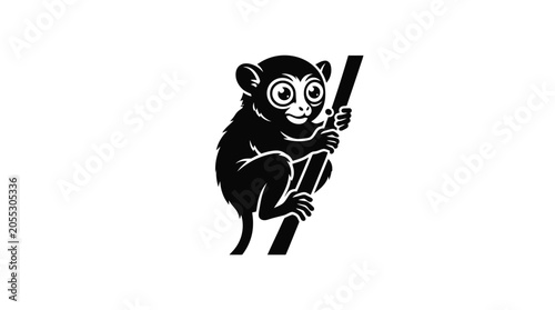 Photography Cute Tarsier Monkey Climbing Branch, Black and White Silhouette Vector