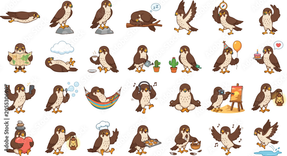 Obraz premium Cute Falcon Cartoon Activity Set – Fast Flying Bird Vector