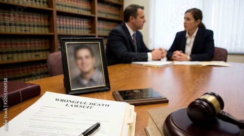 Framed photo on lawyer desk with legal file gavel and attorney consulting family about wrongful death claim and compensation.