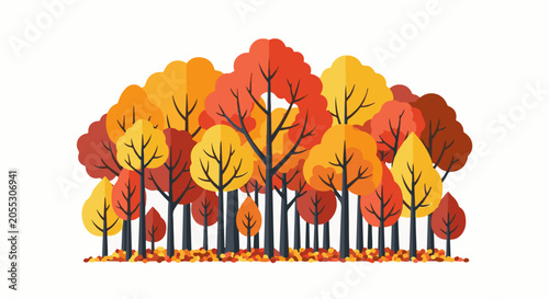 Stylized autumn forest with red, orange, and yellow trees and fallen leaves