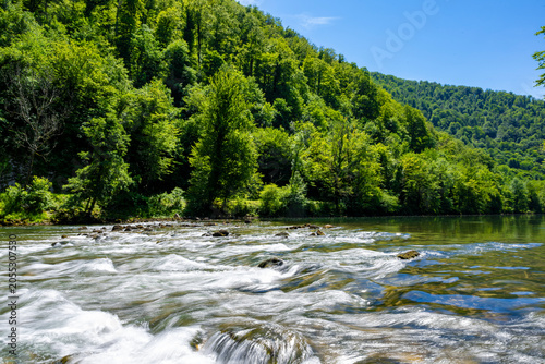 Εκτύπωση καμβά Wide scenic view of the Kolpa Kupa River crossing a verdant forest valley under
