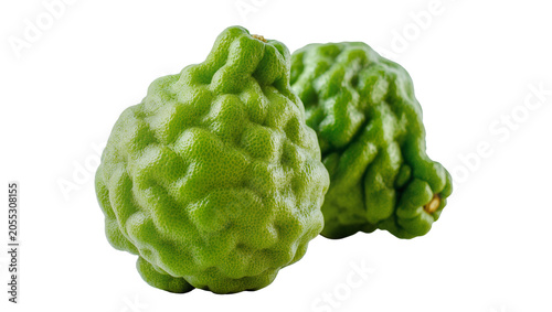 Foto Isolated fresh green kaffir limes with unique bumpy texture, exotic aromatic cit