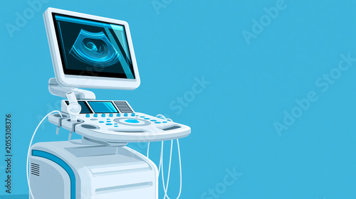 Medical ultrasound machine vector illustration with a fetal scan on screen, prenatal care and obstetric technology concept, with copy space