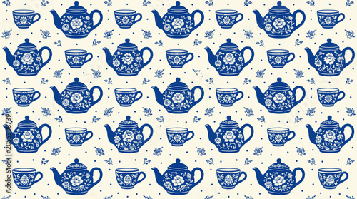 A pattern of repeating blue and white teapots and teacups arranged on a creamcolored background with small floral accents and dots