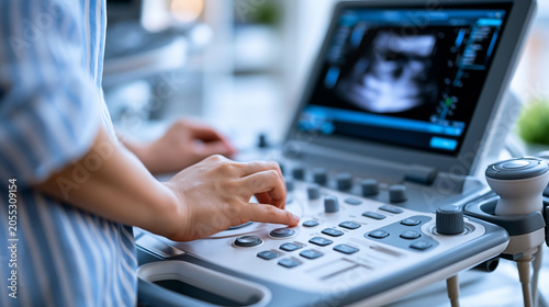 Close-up of an ultrasound machine displaying a fetal image with an anonymous hand operating the controls, medical technology and prenatal care concept, faceless, defocused, with
