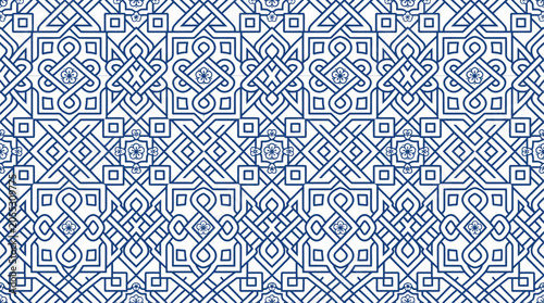 Schilderij op canvas A seamless blue and white tile pattern featuring geometric Celtic knotwork and s