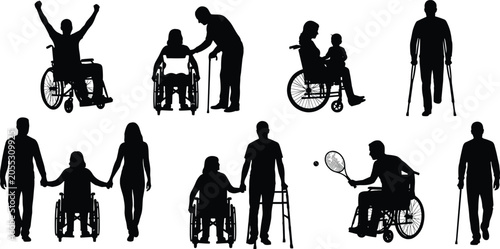 Schilderij op canvas Set of disabled people silhouettes including wheelchair users crutches amputee a