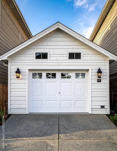 white garage with two wall lamps.