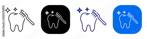 Toothbrush cleaning tooth representing dental hygiene and oral care routine. Line, filled, black, color set. Editable stroke
