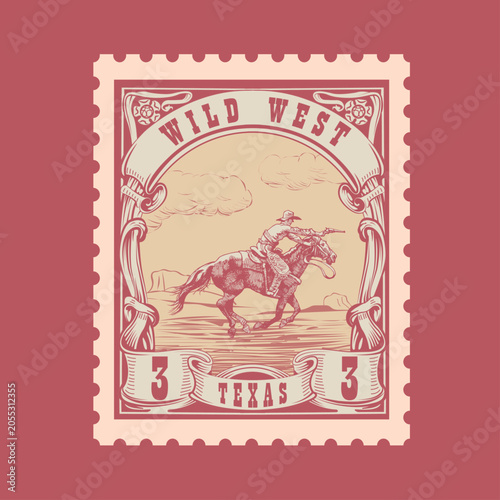 Fotografija Vintage Wild West Cowboy Rodeo Postage Stamp Vector - Texas