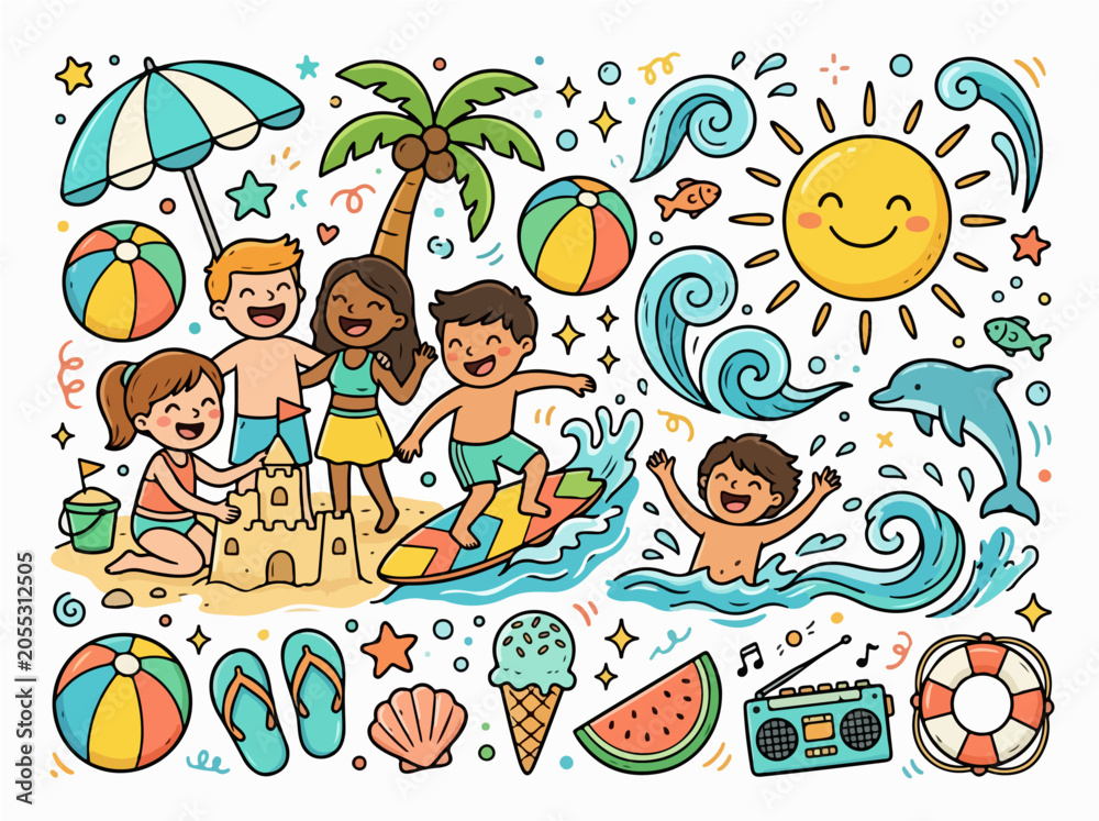 Fototapeta premium Smiling characters with sun and waves doodle illustration